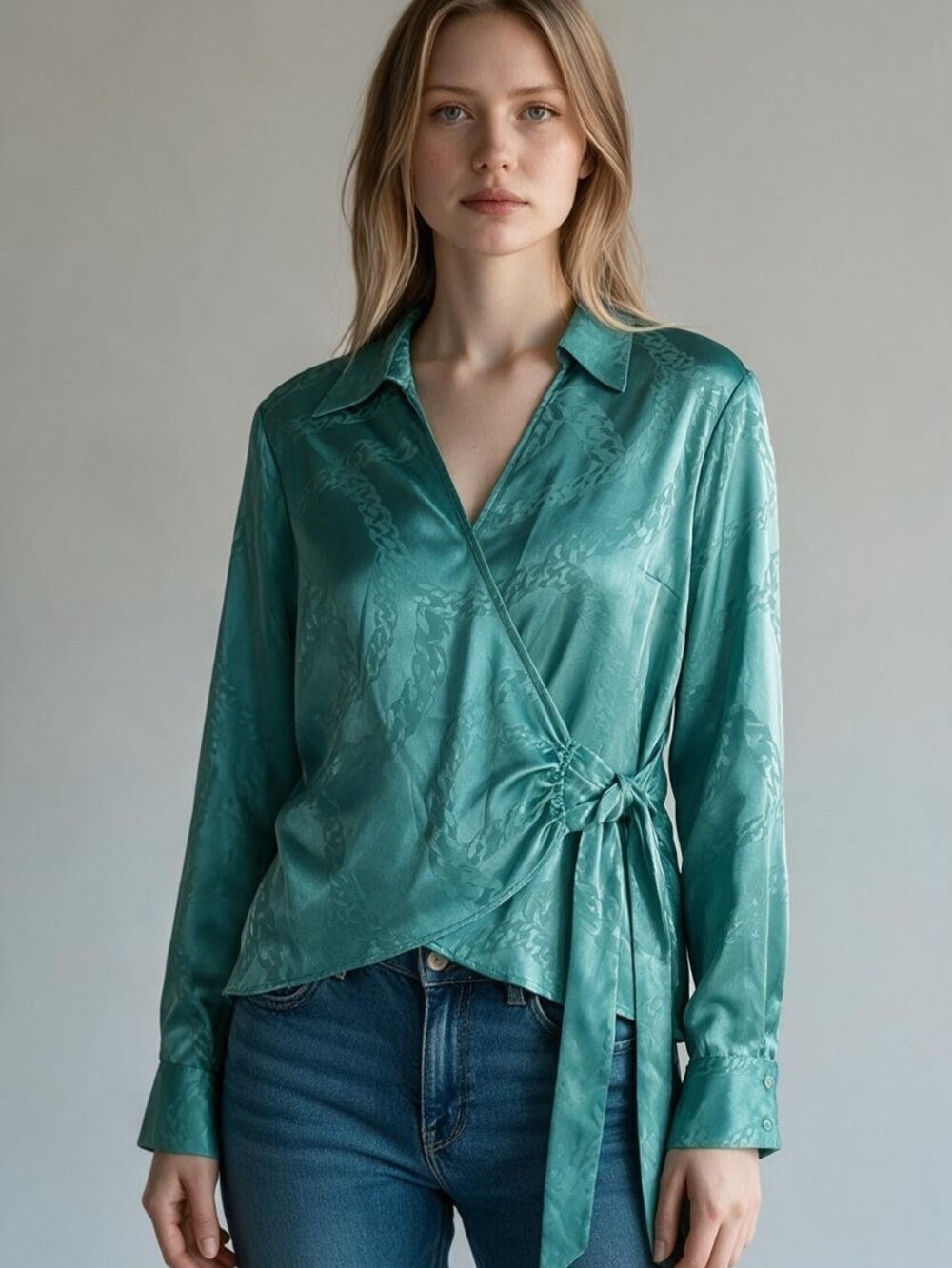 Rachel Rachel Roy Emerald Green Satin Wrap Blouse Size L Chain Print